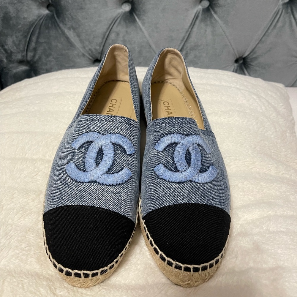 ONLY WORN ONCE. CHANEL DENIM ESPADRILLES FOR SALE.